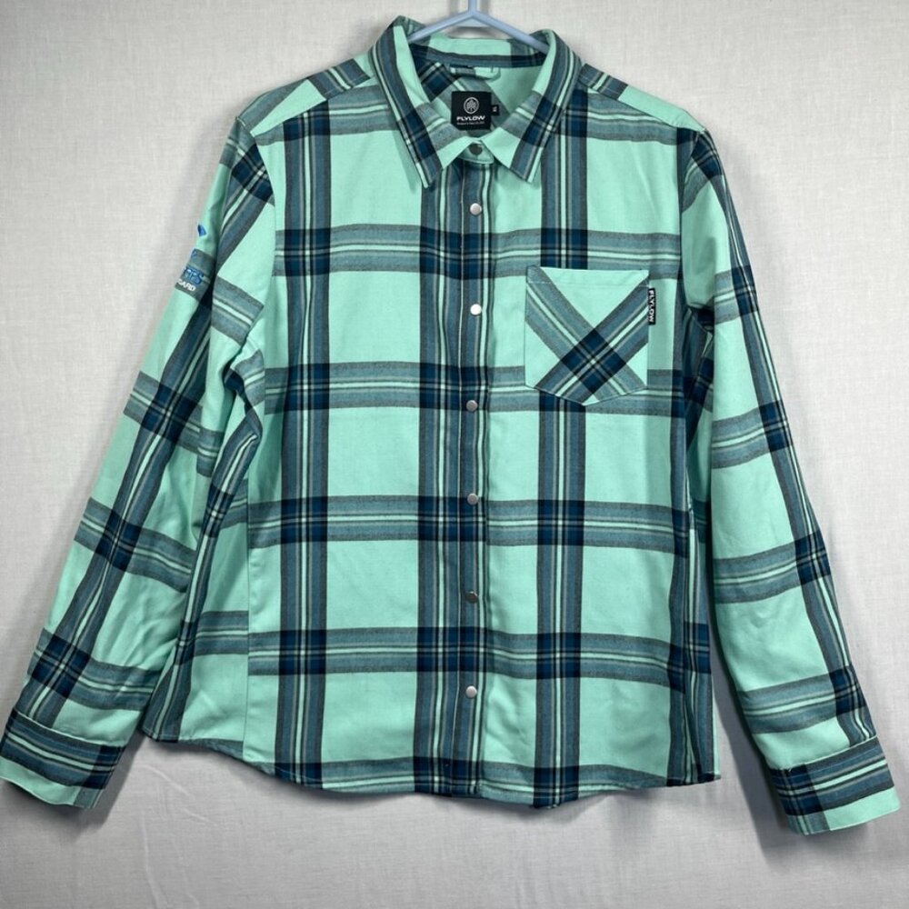 Flylow Shirt Mens XL Blue Green Plaid Snap Button Corbetts Ski Snowboard Logo